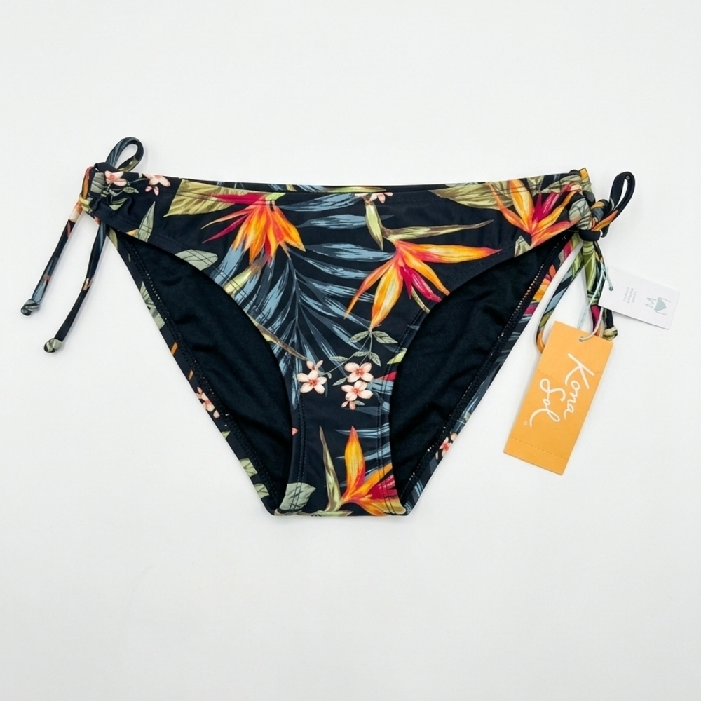 Kona Sol Women's Floral Print Bikini Bottom - Black and Orange